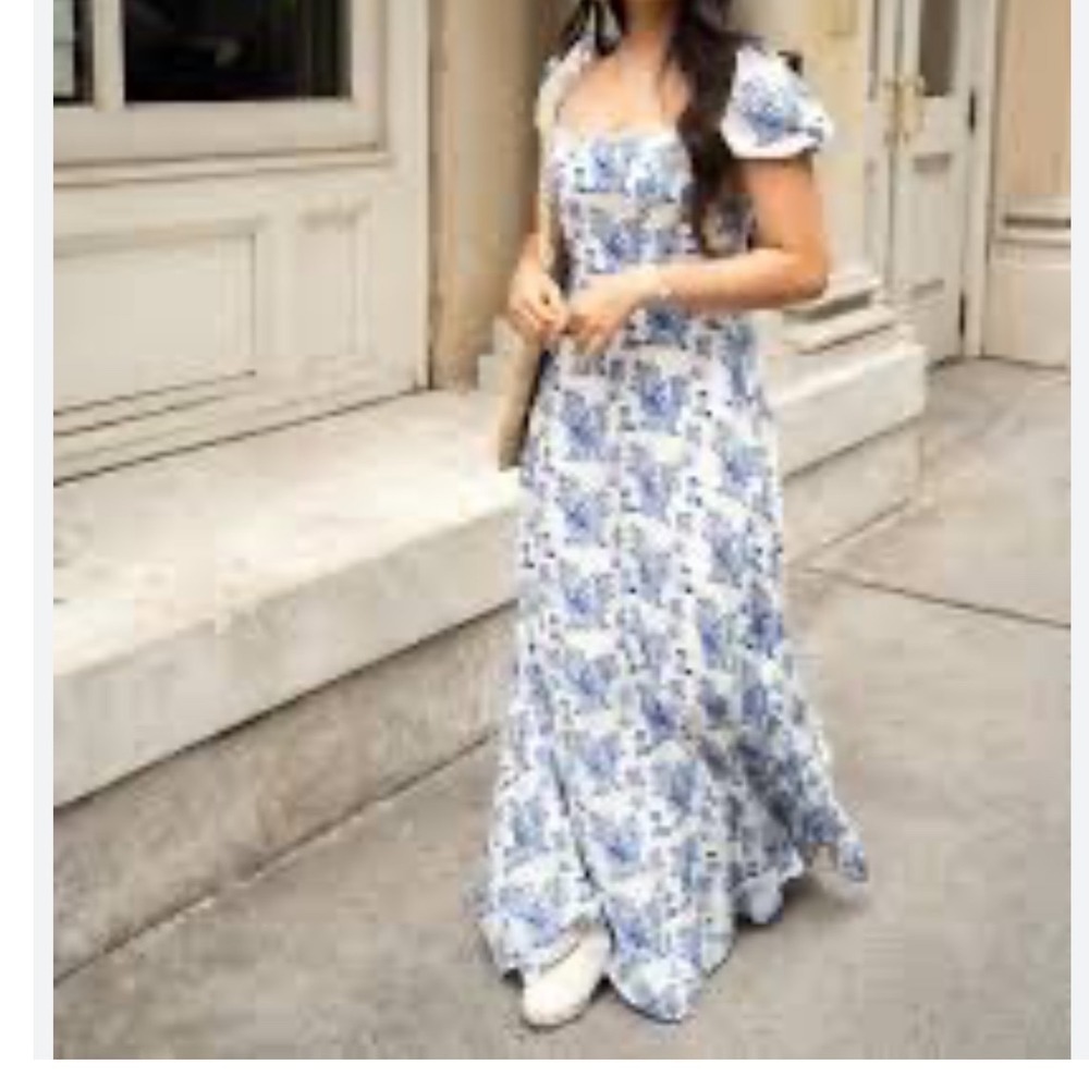 Paraiso Apparel Blue White Toile Print Palme 23 Maxi Dress‎ Puff Sleeve large